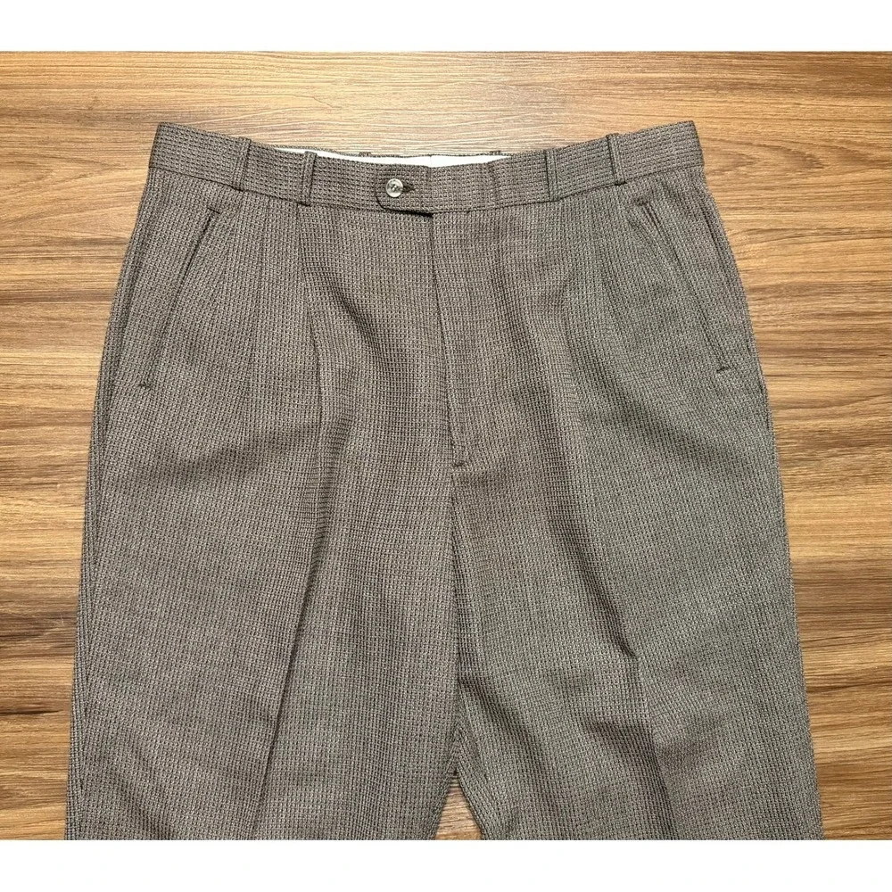 VTG Greg Peters Mens Houndstooth Wool Pleated Cuffed Dress Pants Brown Sz 38x32